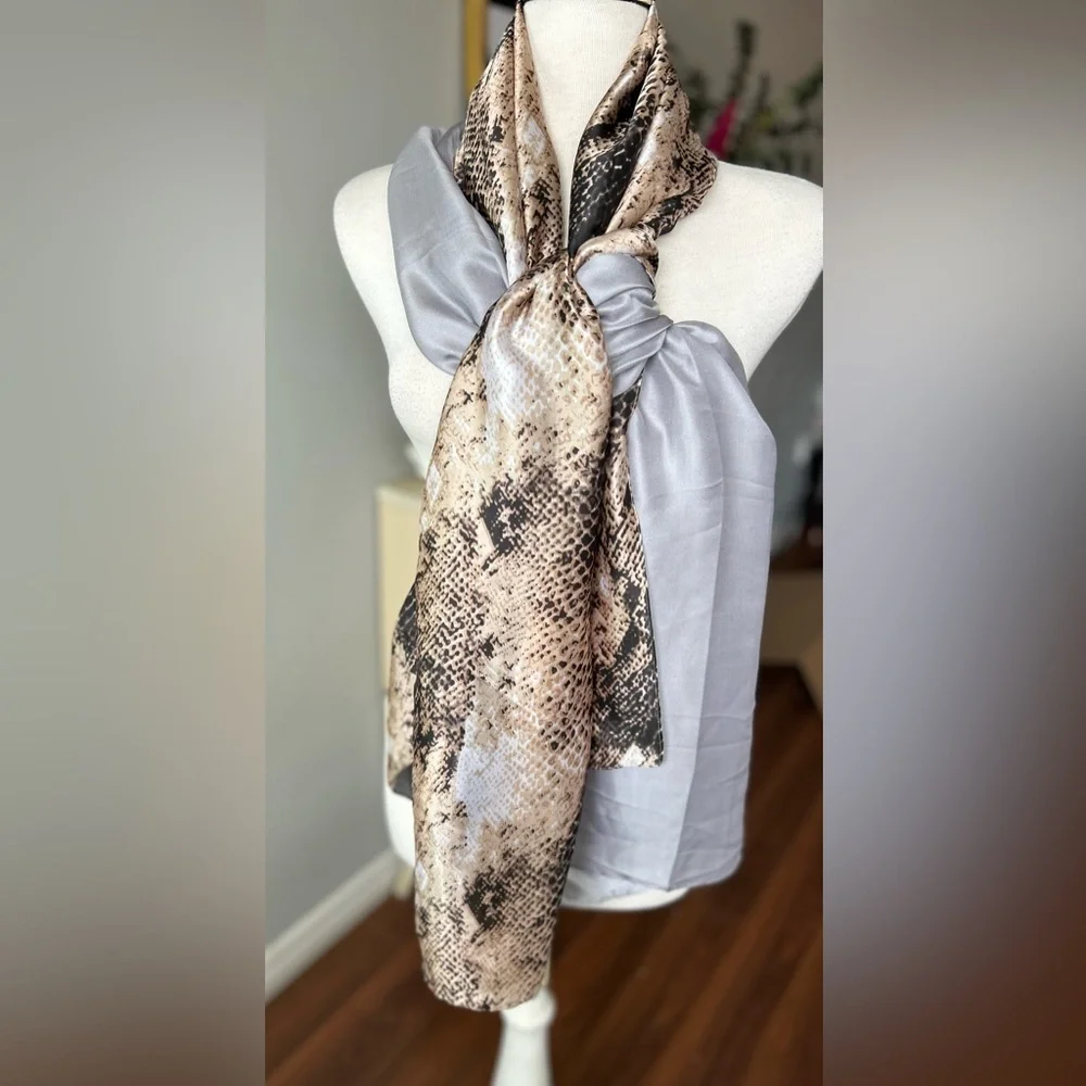 NWT Two-Tone Silk Scarf - Neutral Snake Print & Silver Grey - 68” x 33” - Picture 1 of 5
